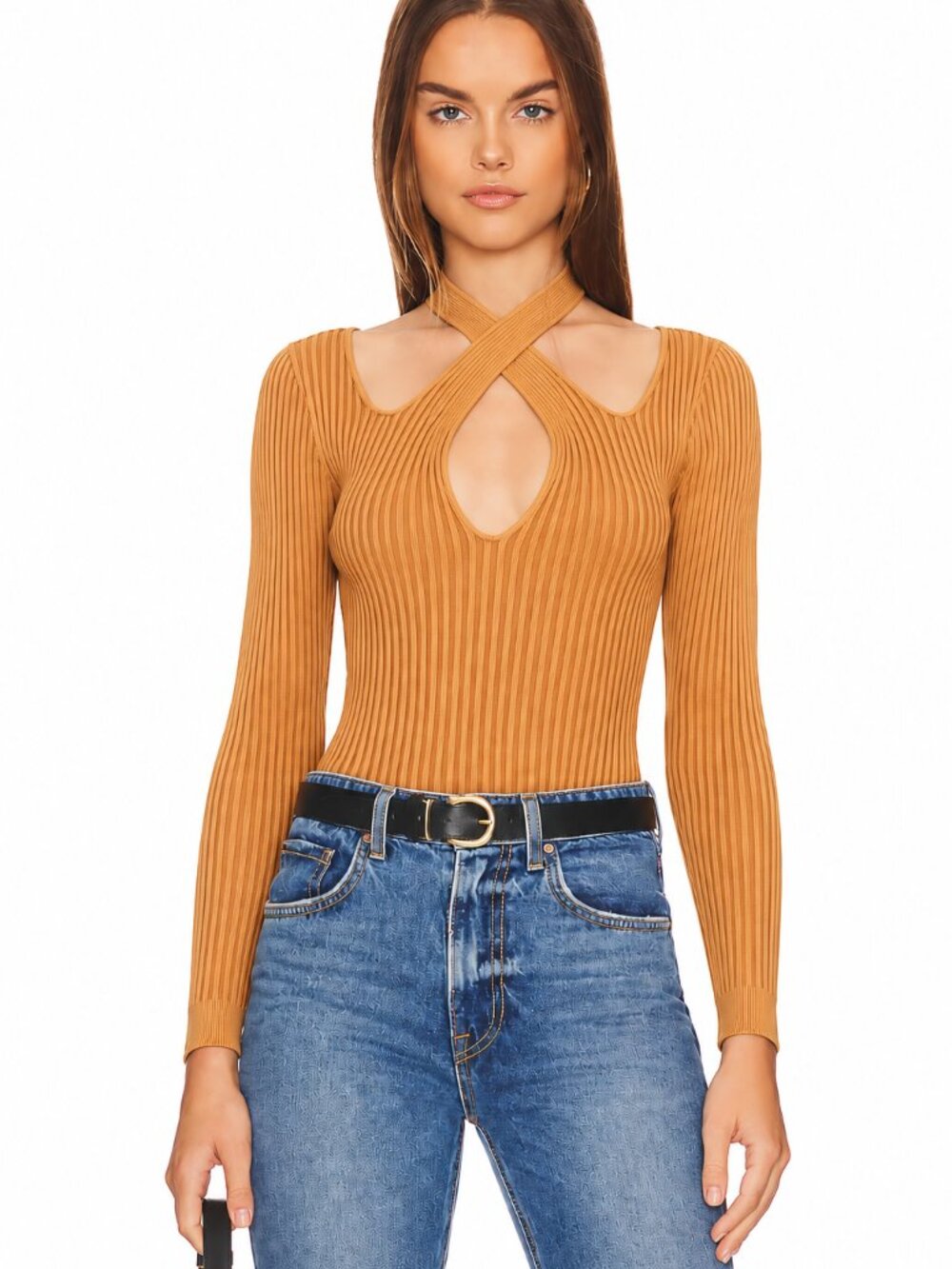 MINKPINK Gianna Ribbed Knit Cutout Top Pecan Long Sleeve M NWT - Picture 7 of 7
